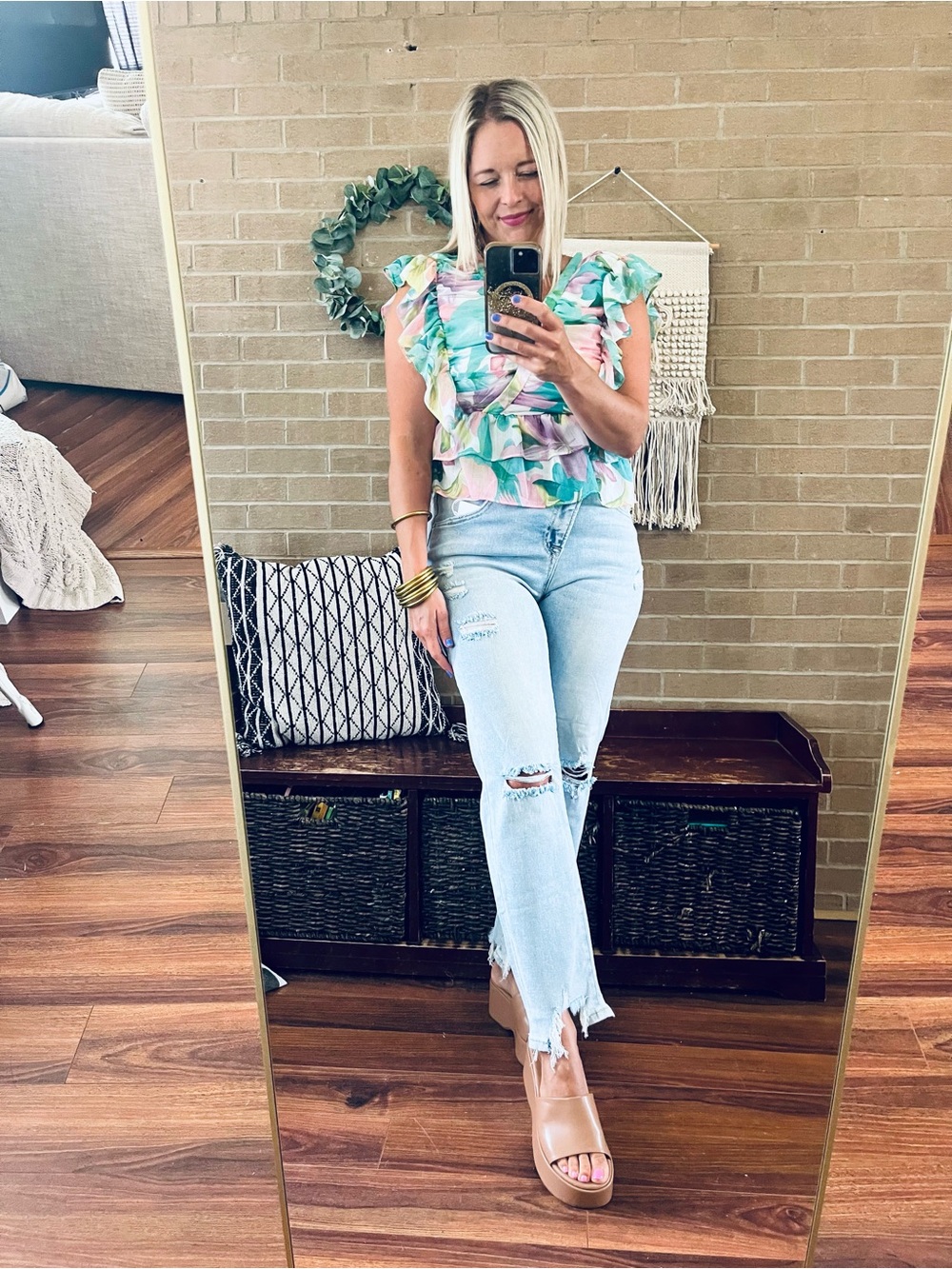 TCEC Pastel Floral Ruffle Wrap Blouse - Green, Pink, Lavender